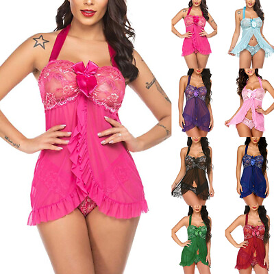 #ad Women#x27;s Sexy Lace Babydoll Lingerie G String Thong Underwear Nightwear Sleepwear