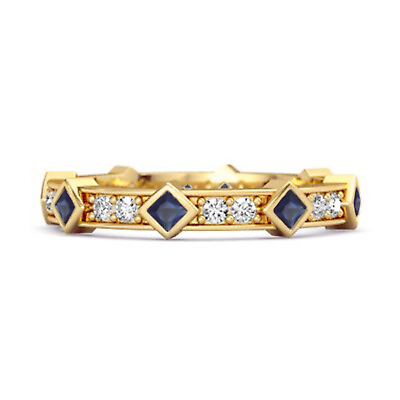 #ad Blue Sapphire Princess 14k Yellow Gold Art Deo Ring
