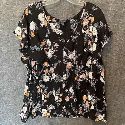 #ad Torrid Top Womens 3 3X Black Floral Babydoll Flutter Sleeve Blouse Flowy Casual