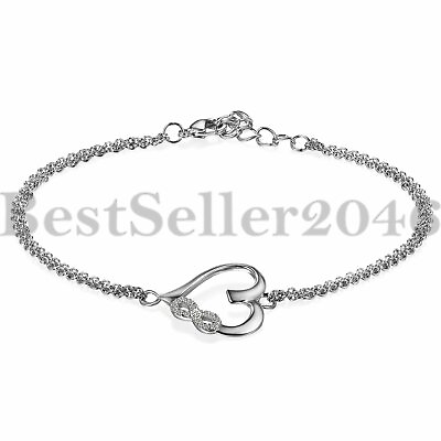 #ad 925 Sterling Silver Full CZ Infinity Love Heart Chain Bracelet Women#x27;s Jewelry $18.04