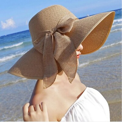 #ad Outdoor Wide Brim Bowknot Beach Cap Straw Hat Panama Hats Sun Cap Bowknot Wide
