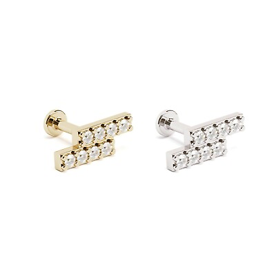#ad 14K REAL Solid Gold Pavé Diamond Stacked Bar Stud Helix Cartilage Piercing 16G