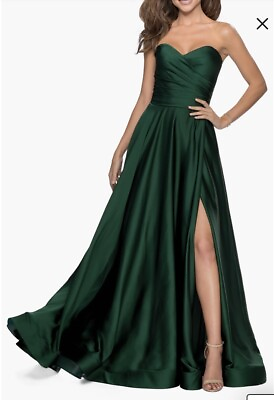 #ad NWT La Femme Strapless Slit Satin Ballgown Size 0 Dress Gown Emerald Orig. $368