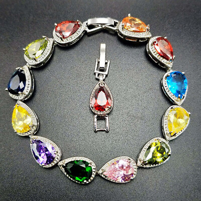 #ad Charm Silver Chain Mix Color Amethyst Garnet Topaz Gemstone Women Girl Bracelets