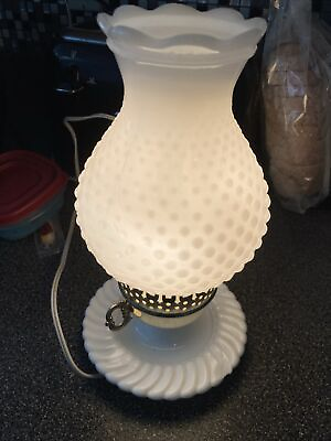 #ad Vtg Small Milk Glass Hobnail Night Stand Hurricane Electric Lamp MCM Retro Light
