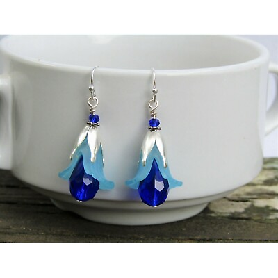 #ad Handmade Blue Lucite Crystal Flower Earrings Teardrop Beads Ladies Fashion