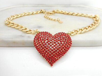 #ad Large Red Puffy Heart Crystal Pendant Women Heart Necklace Gold Plated