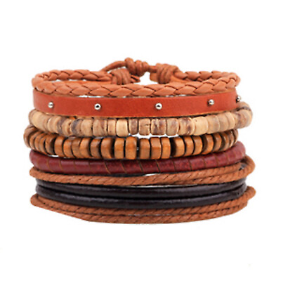 #ad Multi strand Stackable Bracelets Wooden Beads Hemp Rope Coconut 5 strands set