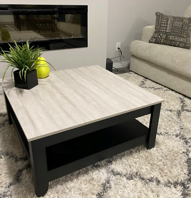 #ad Large Square Coffee table with Storage Shelf Rack Modern Black Wood Sofa Accent