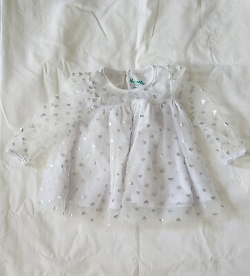 #ad Nannette Baby 1 Piece White Dress W Silver Hearts Bloomers Size 9 12M