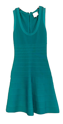 #ad Herve Leger Scooped Sleeveless Fit amp;Flare Banded Turquoise Dress Sz Sm MSRP$1090