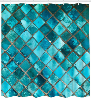 #ad Turquoise Shower Curtain Geometric Rhombus Bathroom Home Decor Set Fabric 12 for