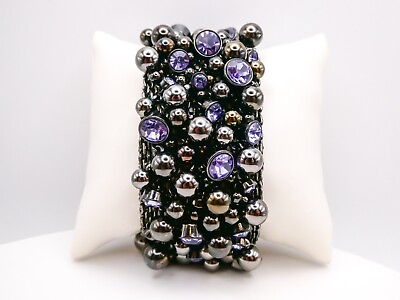 #ad Wide Black Mesh Cha Cha Bracelet Purple Rinestone 6.5quot; Beaded Retro Magnetic