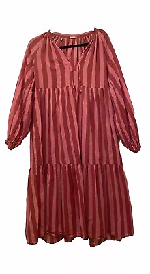 #ad MATTA Jaya Riviera Pink Stripe Long Sleeve Cotton Midi Dress Sz. S