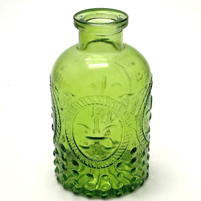 #ad Clear Green Colored Glass Round Vintage Style Bottle Vase with cork H = 5.5 in