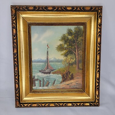 #ad Antique Vintage Painting On Canvas Gold Guild Frame water landscape Sailboat