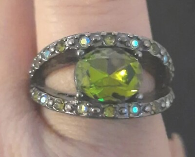 #ad Peridot Faceted Solitare With Marcasites Gun Barrel Cocktail Womens 8 1 2 Ring