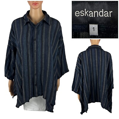#ad Eskandar Womens Size 1 Top Striped Oversized Blue 100% Linen Made In Poland