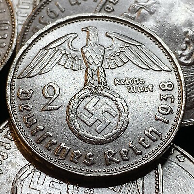 #ad Rare Third Reich German 2 Reichsmark Hindenburg Silver Coin