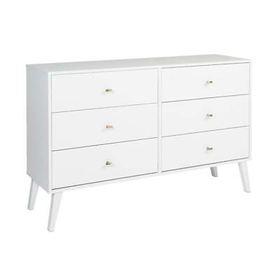#ad Mid Century 6 Drawer Wooden Double Dresser Clothes Storage and Organizer White