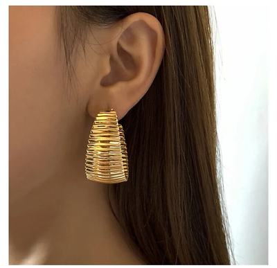 #ad NEW LARGE LINE RIBBED ROUND HOOP EARRINGS YELLOW GOLD PLATED LIGHT WEIGHT 1.5quot;