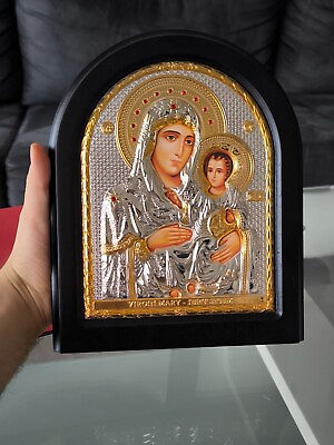 #ad Jerusalem Virgin Mary 10.23quot;Jesus Icon Silver 950° Religious Wood Handicraft
