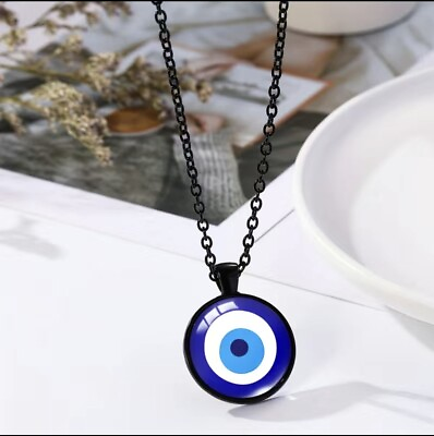 #ad Fashion Stainless Steel Black Blue Glass Evil Eye Pendant Necklace with Chain