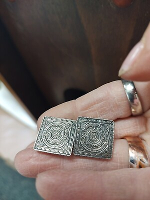 #ad Mexico Alpaca Silver Cufflinks Aztec Calendar Symbol Square Vintage