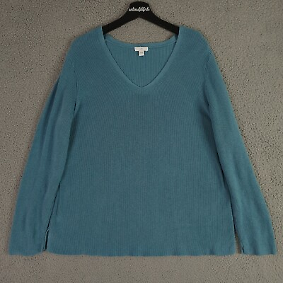 #ad J Jill Sweater Womens Large Blue Green V Neck Ribbed Long Sleeve Knit Pullover