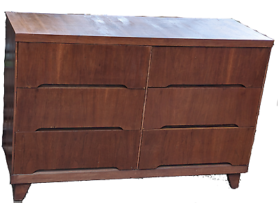 #ad Vintage Mid Century Modern 6 Drawer Double Dresser Chest of Drawers Wood Pecan