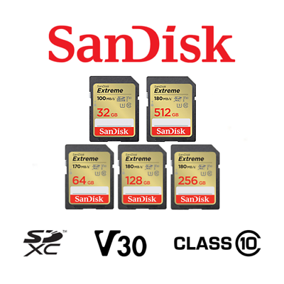 #ad Sandisk SD Extreme Card 32GB 64GB 128GB 256GB 512GB SDXC Camera Flash Memory V30