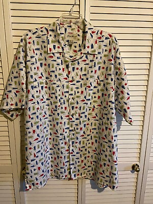 #ad Eddie Bauer Retro Print Shirt Red Green amp; blue Boats Large Linen Cotton NWOT