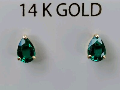 #ad Emerald Labcreated Pear Cut Stud Earrings 14kt Solid Yellow Gold