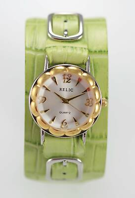 #ad Relic Watch Womens Stainless Silver Gold Leather Green Water Resist White Quartz