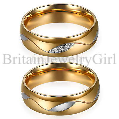 #ad 2pcs His and Hers Couple Matching Gold Stainless Steel Wedding Promise Band*6MM