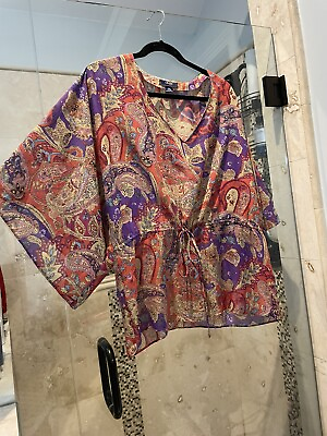 #ad Chaps Lauren Ladies Paisley V Neck Tie Waist Kimono Sleeve Sheer Top Fall L