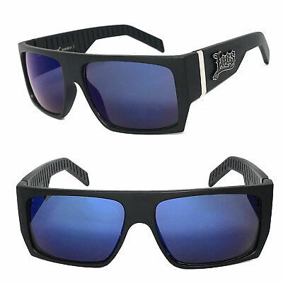 #ad Locs Mens Cholo Biker Sunglasses w Free Pouch Black Frame Blue Tinted Lens