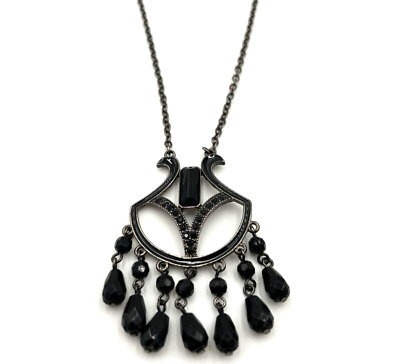 #ad GUESS Black Rhinestone Pendant Chain Lariat Dangle Black Bead Necklace