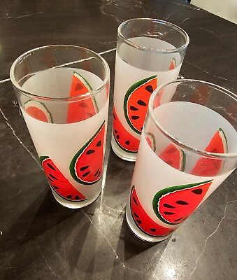 #ad Set Of 3 Libby®️ Frosted Watermelon Retro High Ball Glasses Tumblers 12oz