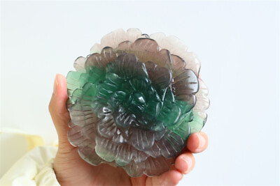 #ad 0.48kg Hand Carved Natural Fluorite Flower Reiki Crystal Decor Gift XK4135