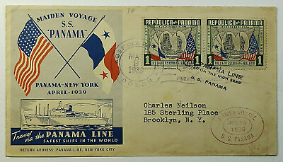 #ad 1939 Maiden Voyage S.S. Panama Panama to New York w Panama Line Logo Envelope $12.25
