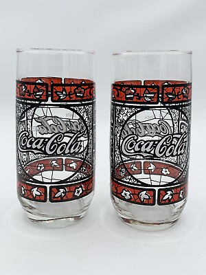 #ad VTG Coca Cola Tiffany Style Stained Glass Drinking Glasses Tumblers Set Of 2 EUC