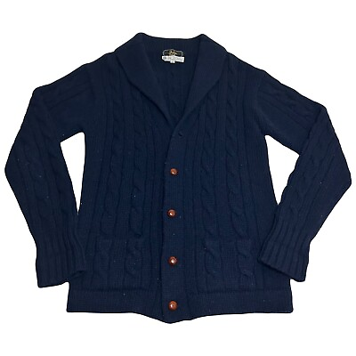 #ad Vintage Navy Blue Full Fashioned New Wool Cable Knit Shawl Cardigan Sweatshirt