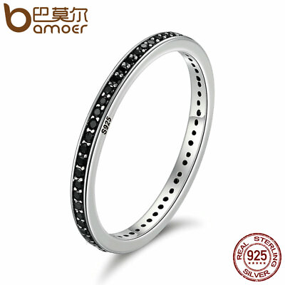 #ad BAMOER Black CZ 925 Sterling Silver Finger Ring Fashion Women Jewelry Size 6 9