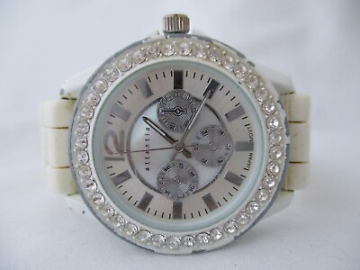 #ad Attention Wristwatch Round Mother of Pearl Face White Buckle Band Rhinestones
