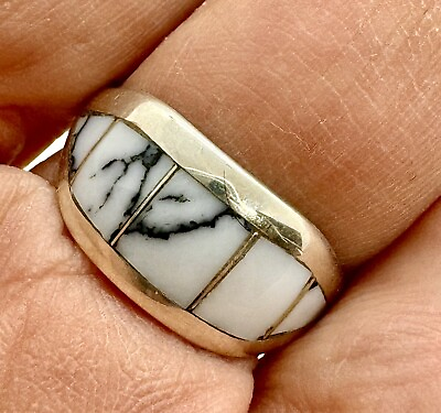 #ad Navajo White Buffalo Inlay Turquoise Ring Band Sz 7.5 Sterling Silver Signed NJ