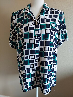 #ad Alfred Dunner Womens Button Up Blouse Squares Vintage Brady Bunch 70#x27;s work top