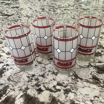 #ad Set of 4 Coca Cola Tiffany Style Frosted Stained Glass 16 oz Drinking Glasses