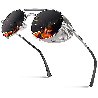#ad Polarized Sunglasses Steampunk Retro Round Unisex Eyewear UV400 Side Shield