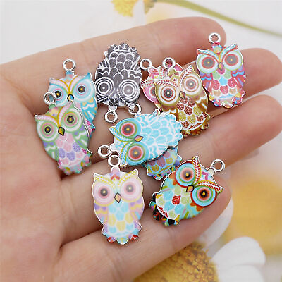 #ad 10 pcs Cute Owl Charm Enamel Bird For Pendant Earring Jewelry Crafts 24x13 mm